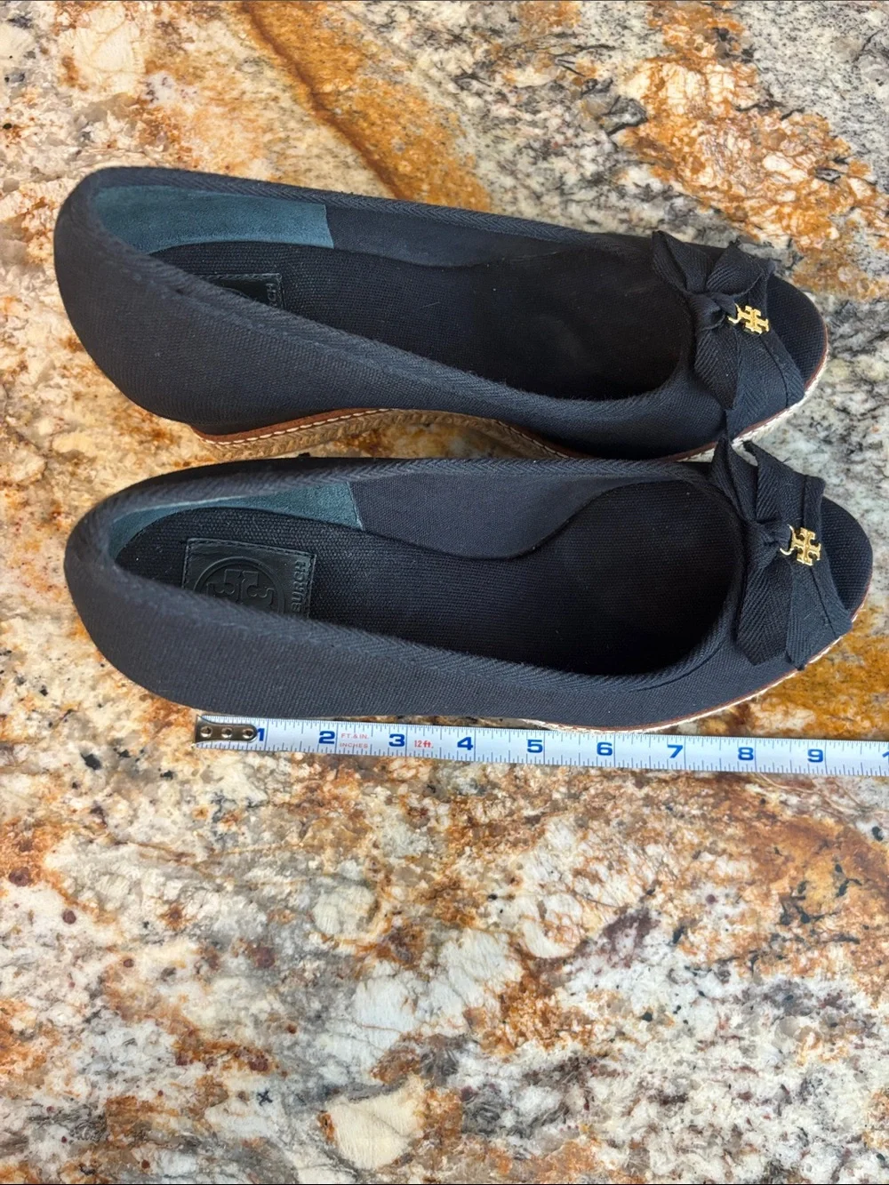 Tory Burch Black Espadrille Wedge Peep-Toe Pumps with Gold Logo